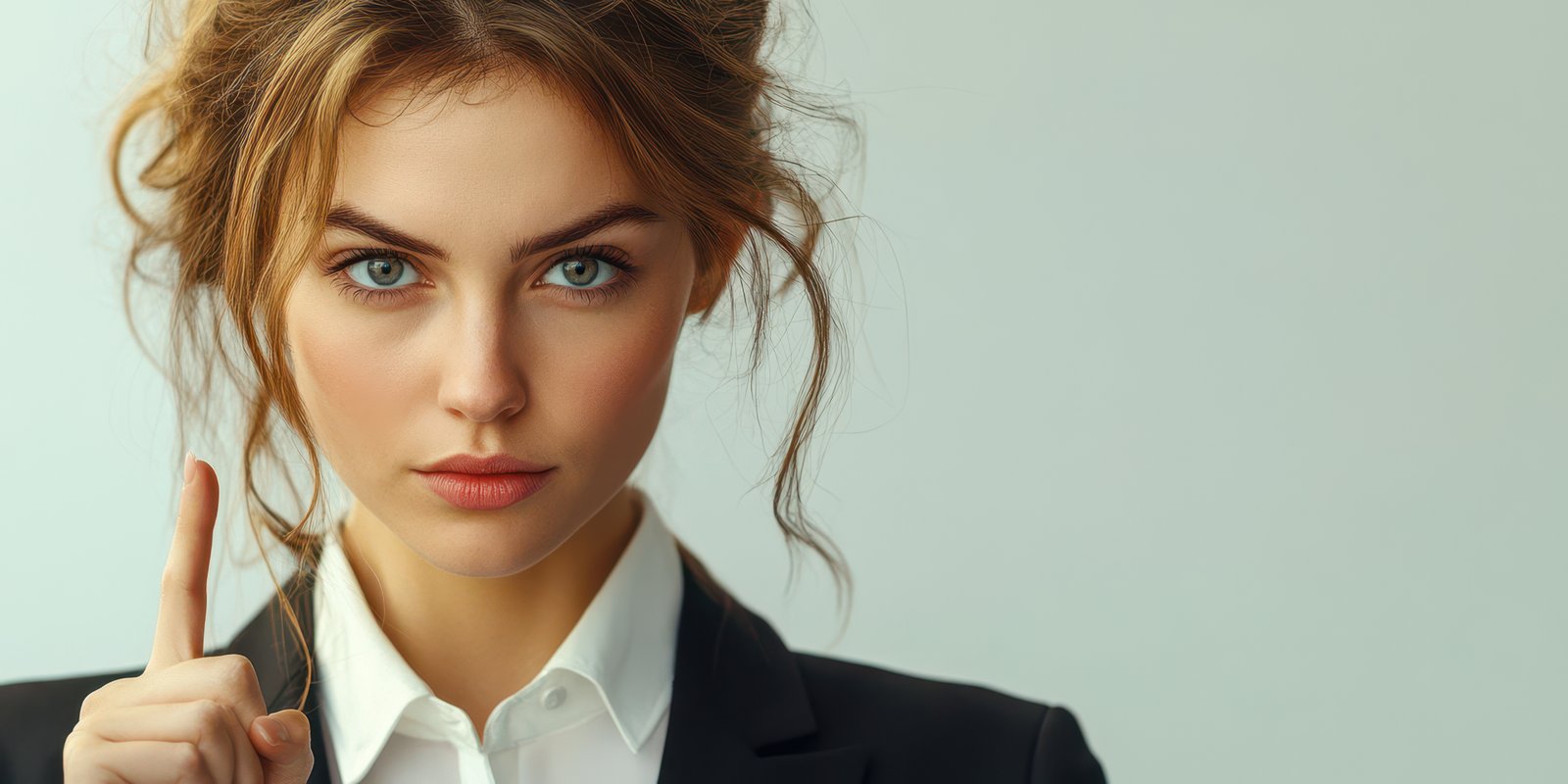 Confident young woman wearing a suit gestures with one finger in a neutral background
